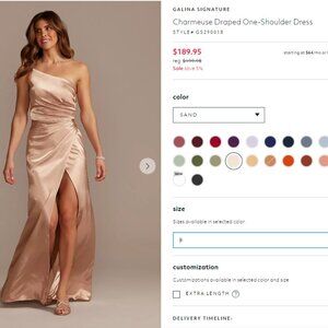 David's Bridal Galina Signature Charmeuse Draped One-Shoulder Dress, Sand, 6